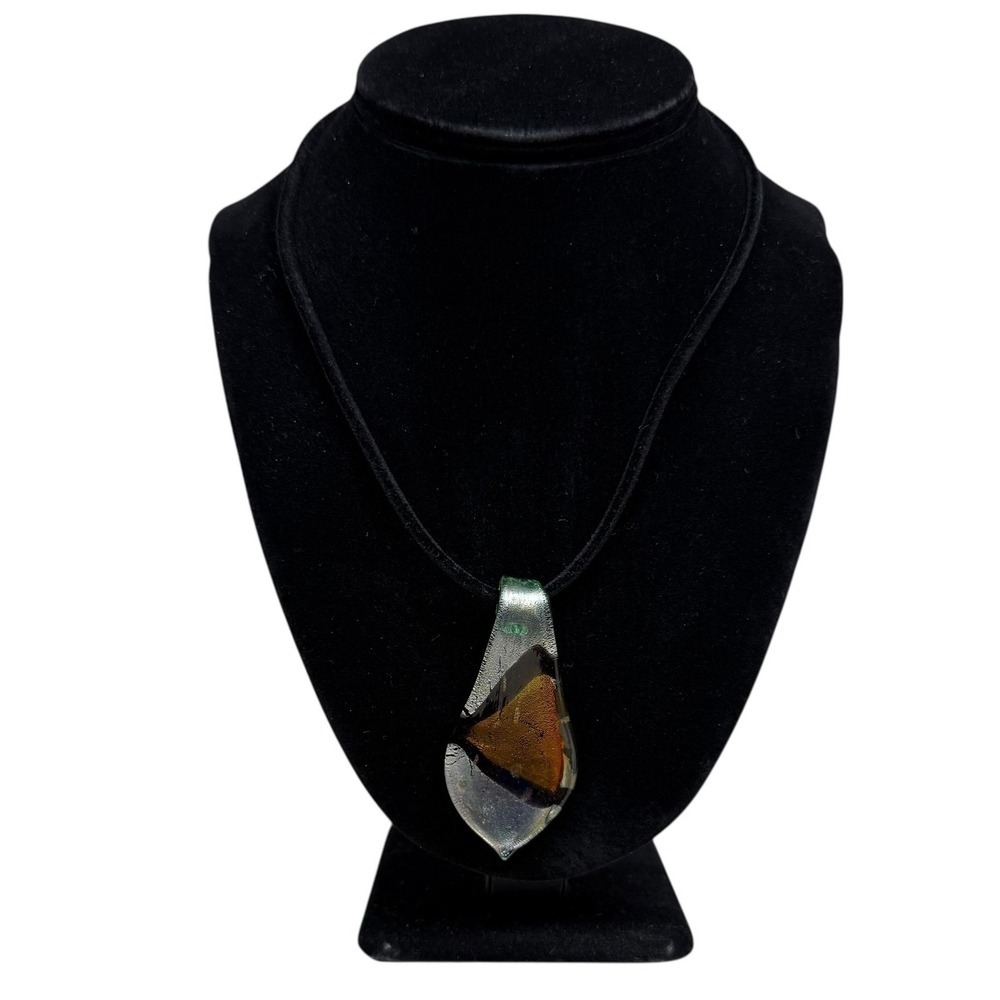 Murano Style Art Glass Pendant Necklace Teardrop Fashion Jewelry 10.5 in L